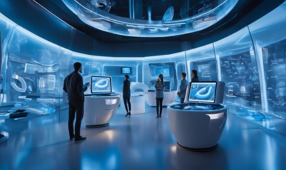 Personen stehen in einem futuristischem Raum. Die Anmutung an ein Metaversum ist zu erkennen, es gibt kleine Inseln auf denen Dinge präsentiert werden