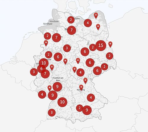 Deutschlandkarte mit roten Kreisen, welche die Standorte des Netzwerks markieren