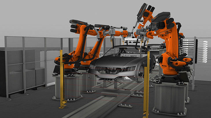3D-Darstellung einer Kfz.-Herstellung mit Robotern