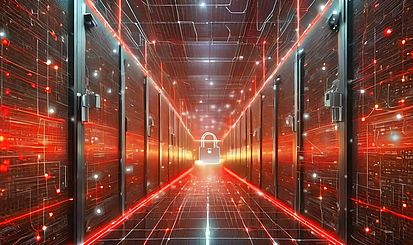 Sicherer Datenaustausch in Netzwerken ein futuristischer Datenraum. Sicherheit symbolisiert durch ein Schloss.