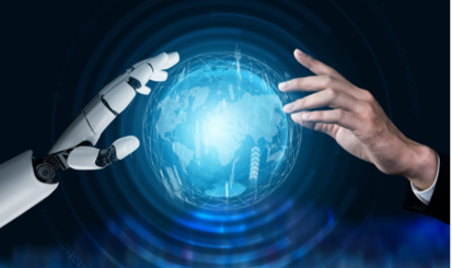 Roboter und Hand berühren Kugel