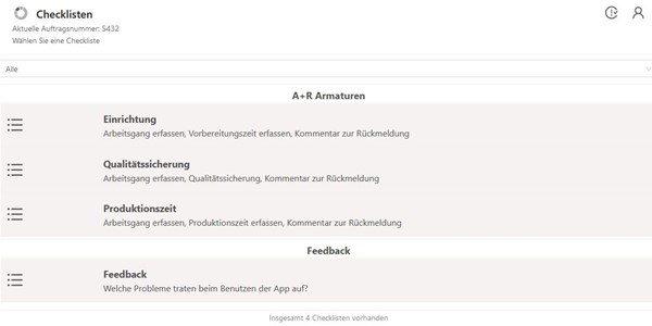 Der erste Prototyp der App umfasst die Bereiche Einrichtung, Qualitätssicherung und Produktionszeit