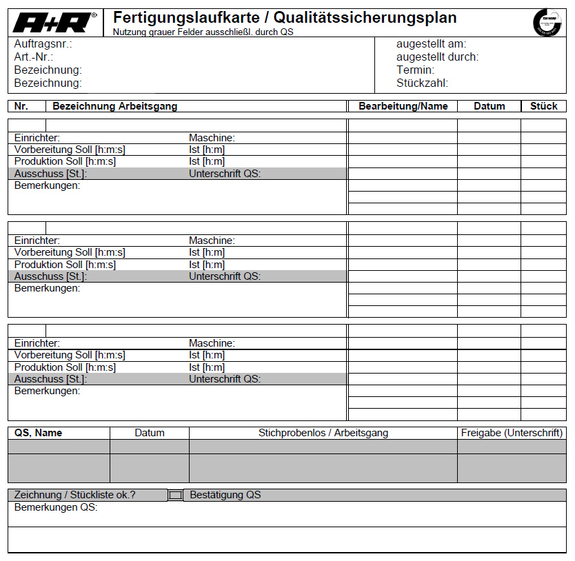 Fertigungslaufkarte in Papierform